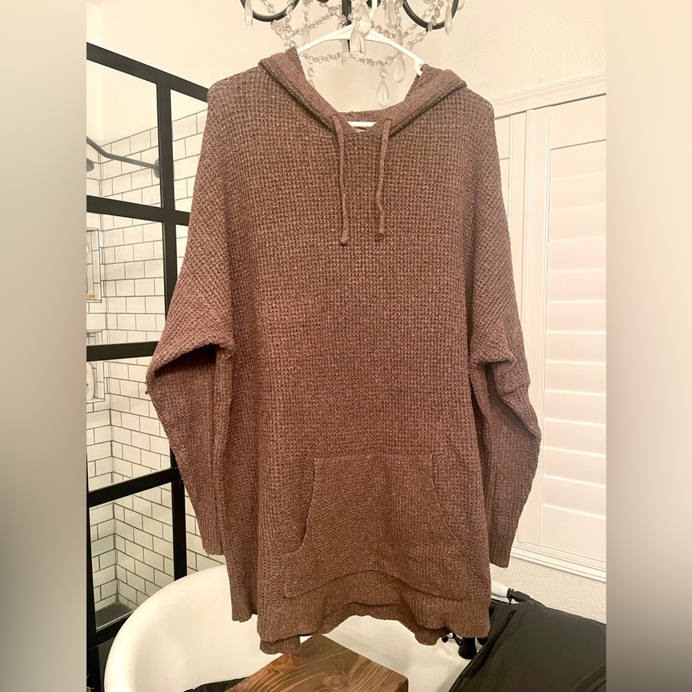 Olive Green Oversized Waffle Pullover Sweater With Hood Size XL